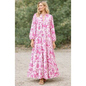 Ida Mae Home Pink Tiered Maxi Dress Large Deer Chicken Rabbit Floral Prairie